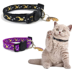2PCS Adjustable Cats Collars with Bell Moons Stars, Safety Breakaway Cat Collar, Glow in The Dark （Black+Purple