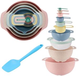 Healthy Plastic Mixing Bowls Set YJHome BPA Free Nesting Bowls Multi-Color Stackable Storage Bowls with Silicone Spatula Measuring Cups Sieve Colander Mesh Strainer for Salad Cooking Baking 10pcs