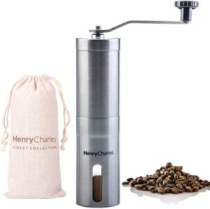 Manual Coffee Grinder | Henry Charles Finest Collection | Brushed Stainless Steel with Adjustable Ceramic Grinder | Portable Size with Travel Pouch Perfect for The Home Office or Travelling